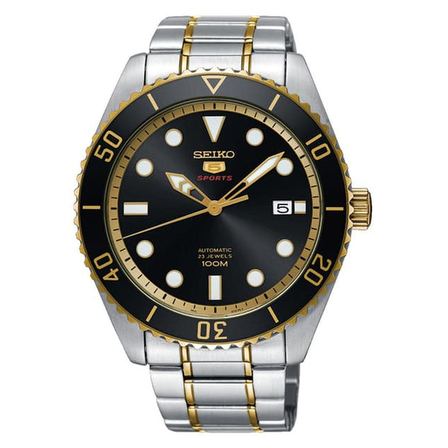 Seiko 5 Sports SRPB94K1 Black Sunray Dial Dual Tone Stainless Steel Strap