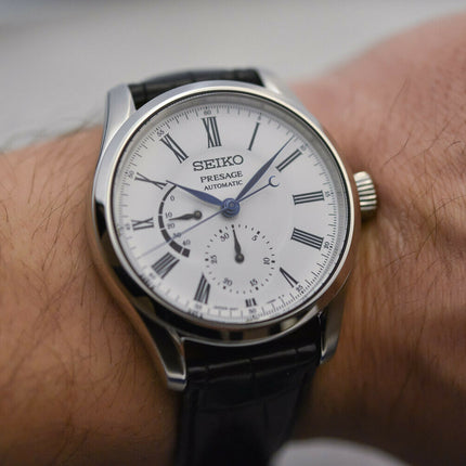 Seiko SPB045J1 Presage Enamel Series Automatic White Enamel Dial Dark Black Leather Strap