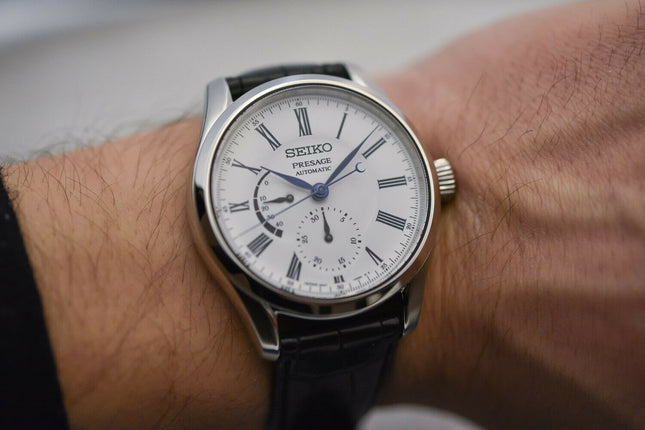 Seiko SPB045J1 Presage Enamel Series Automatic White Enamel Dial Dark Black Leather Strap