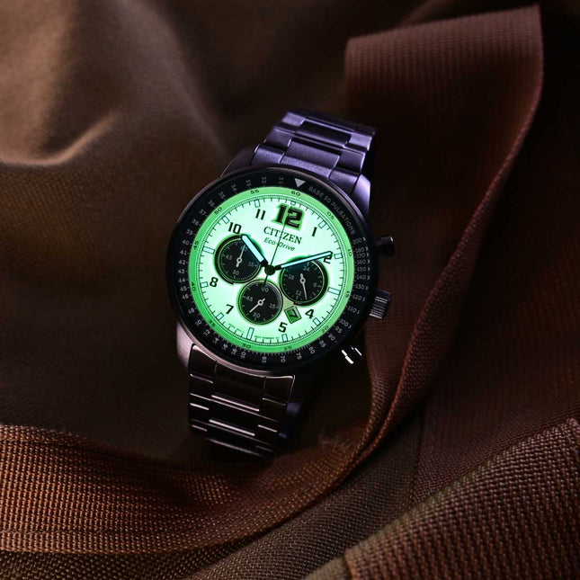 Citizen Eco Drive CA4507-84X Men Chronograph Luminous Dial Gunmetal Stainless Steel Strap