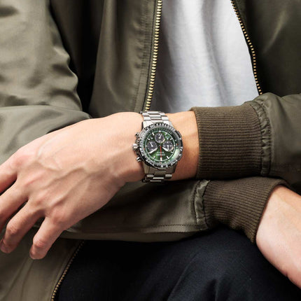 Citizen Promaster Sky Navihawk CA4664-60W Eco Drive Chronograph Green Dial Stainless Steel Strap