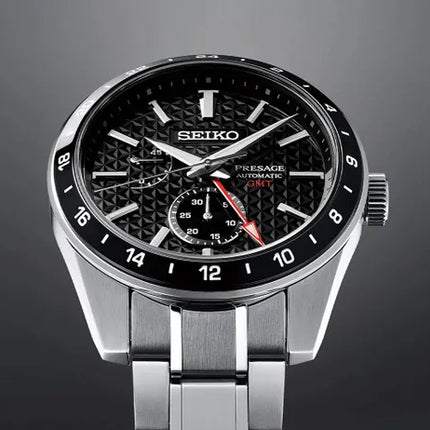 Seiko Presage SPB221J1 Sharp Edged GMT Series Automatic Black Dial Stainless Steel Strap