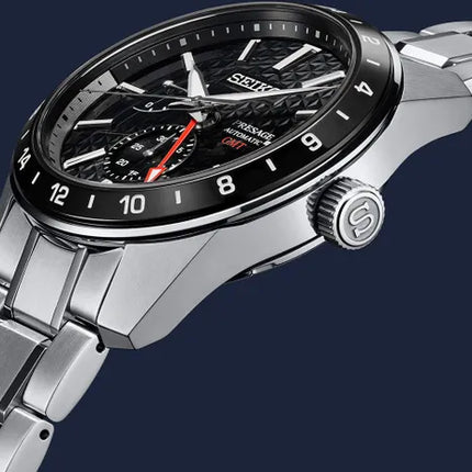 Seiko Presage SPB221J1 Sharp Edged GMT Series Automatic Black Dial Stainless Steel Strap