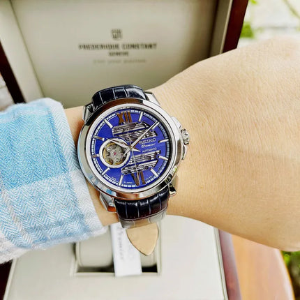 Seiko Premier SSA399J1 Automatic Skeleton Blue Dial Black Leather Strap