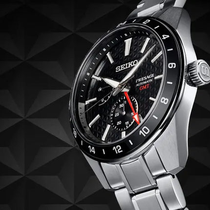 Seiko Presage SPB221J1 Sharp Edged GMT Series Automatic Black Dial Stainless Steel Strap