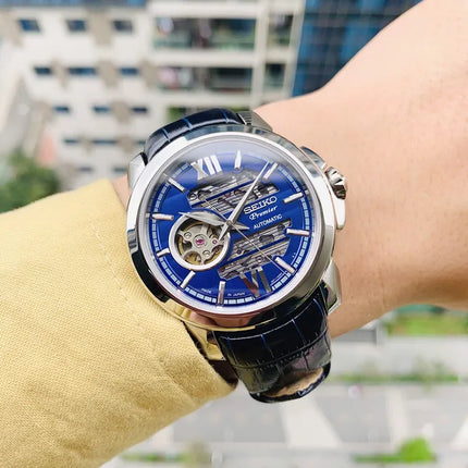 Seiko Premier SSA399J1 Automatic Skeleton Blue Dial Black Leather Strap