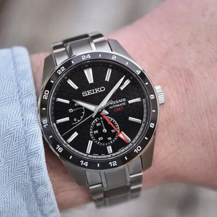 Seiko Presage SPB221J1 Sharp Edged GMT Series Automatic Black Dial Stainless Steel Strap