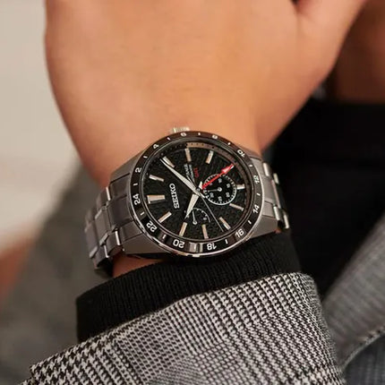 Seiko Presage SPB221J1 Sharp Edged GMT Series Automatic Black Dial Stainless Steel Strap