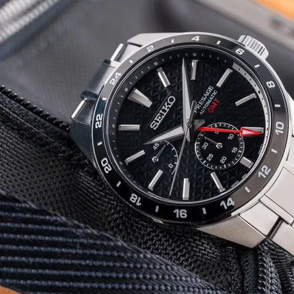 Seiko Presage SPB221J1 Sharp Edged GMT Series Automatic Black Dial Stainless Steel Strap
