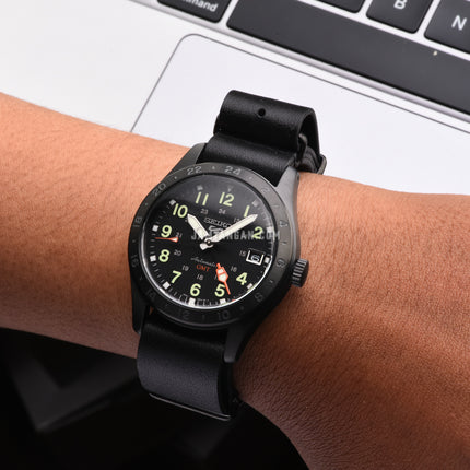 Seiko 5 Sports SSK025K1 GMT Field Street Style Deception Black Dial Black Leather Strap
