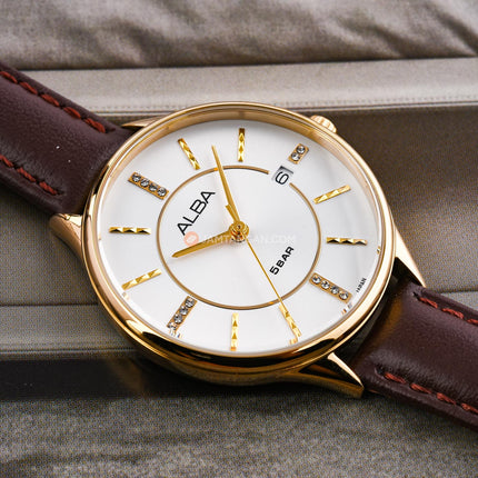 Alba Fashion AG8Q58X1 Ladies Silver White Dial Dark Brown Leather Strap