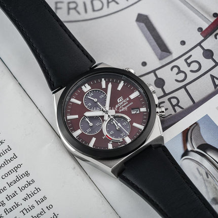 Casio Edifice EQS-950BL-5AVUDF Solar Powered Chronograph Red Maroon Dial Black Leather Band