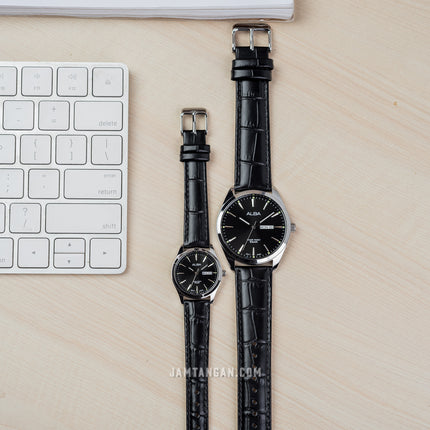 Alba AN8091X1_AJ6195X1 Couple Black Dial Black Leather Strap