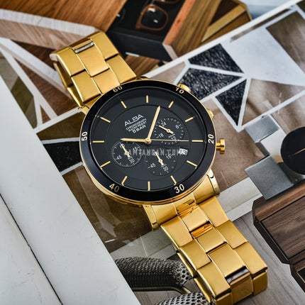 Alba Prestige AT3F62X1 Chronograph Men Black Dial Gold Stainless Steel Strap