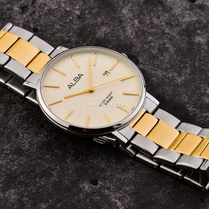 Alba Prestige AS9K11X1 Men Light Champagne Pattern Dial Dual Tone Stainless Steel Strap