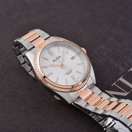 Alba Prestige AS9S62X1 Men Silver White Patterned Dial Dual Tone Stainless Steel Strap