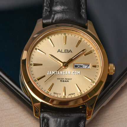 Alba AN8092X1_AJ6196X1 Couple Gold Dial Black Leather Strap