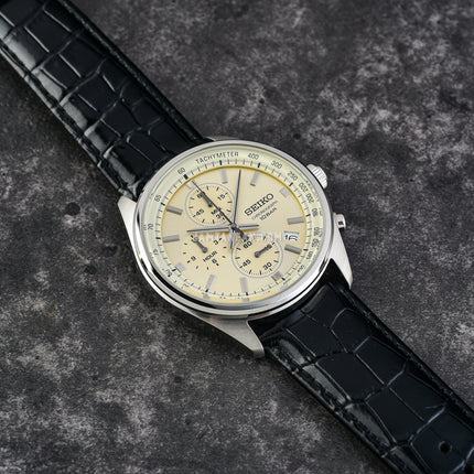 Seiko Classic SSB383P1 Neo Chronograph Beige Dial Black Leather Strap
