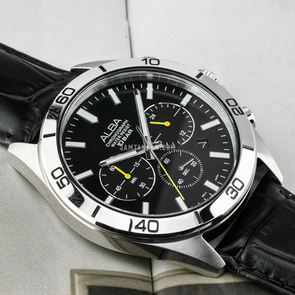 Alba Active AT3H33X1 Chronograph Men Black Dial Black Leather Strap