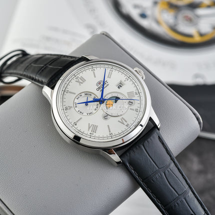 Orient Bambino RA-AK0802S Automatic Sun & Moon White Analog Dial Black Leather Strap
