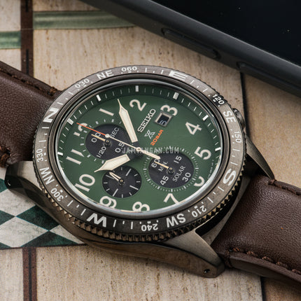 Seiko Prospex SSC739P1 Sea Chronograph Solar 200M Water Resistance Green Dial Brown Leather Strap