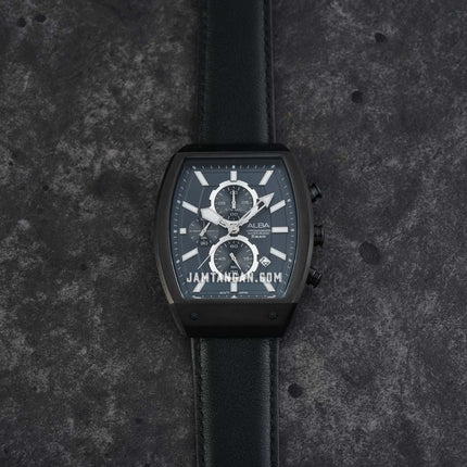 Alba AM3999X1 Men Chronograph Black Dial Black Leather Strap
