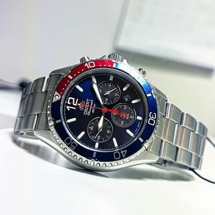 Orient Sports RA-TX0201L Mako Solar Pepsi Diver Chronograph Navy Blue Dial Metal Strap