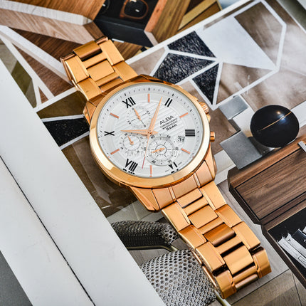 Alba Prestige AM3770X1 Chronograph Silver Pattern Dial Rose Gold Stainless Steel Strap
