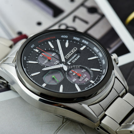 Seiko Chronograph SSC803P1 Solar Discover More Black Dial Silver Stainless Steel Strap