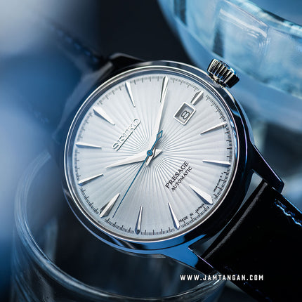 Seiko Presage SRPB43J1 Cocktail Time Skydiving Light Blue Texture Dial Black Leather Strap
