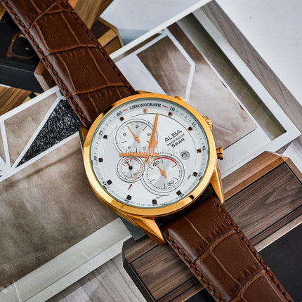 Alba Prestige AM3430X1 Chronograph Men Silver Dial Brown Leather Strap