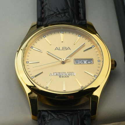 Alba AXND62X1 Men Gold Dial Gold Case Black Leather Strap