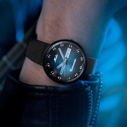 Mido Commander Shade M8429.3.25.11 Men Blue Smoke Dial Black Mesh Strap