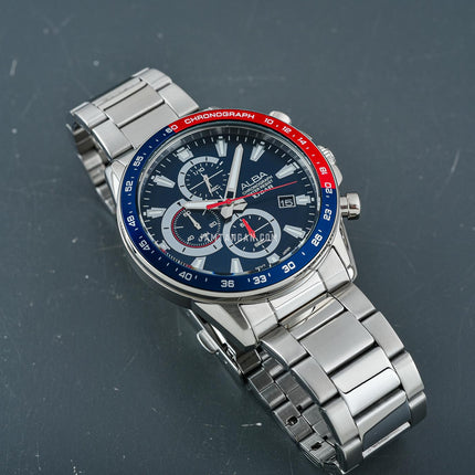 Alba Active AM3A21X1 Men Chronograph Pepsi Blue Dial Stainless Steel Strap