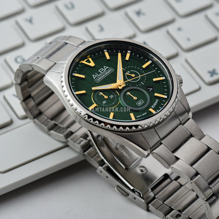 Alba Signa AT3H85X1 Chronograph Men Green Patterned Dial Stainless Steel Strap