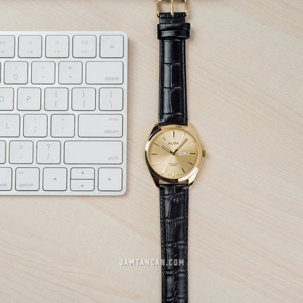 Alba AJ6196X1 Men Gold Dial Black Leather Strap