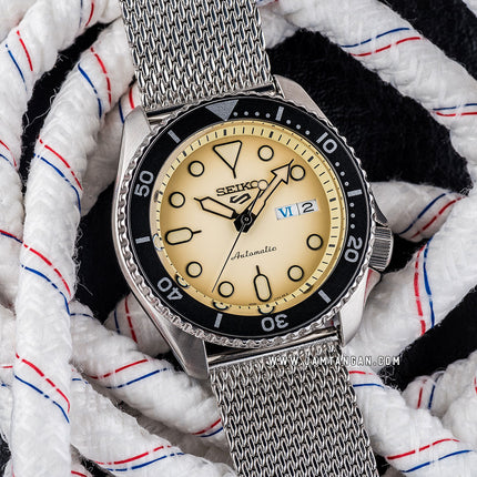 Seiko 5 Sports SRPD67K1 5KX SKX Sports Style Automatic Beige Dial Mesh Strap