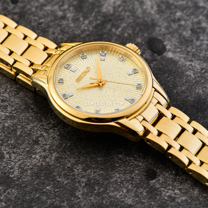 Seiko Ladies SRZ552P1 Champagne Sparkle Effect Dial Gold Stainless Steel Strap