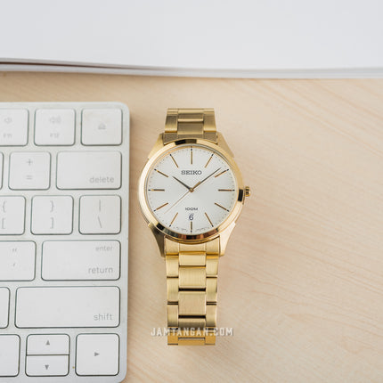 Seiko Classic SGEG74P1 White Dial Gold Stainless Steel Strap