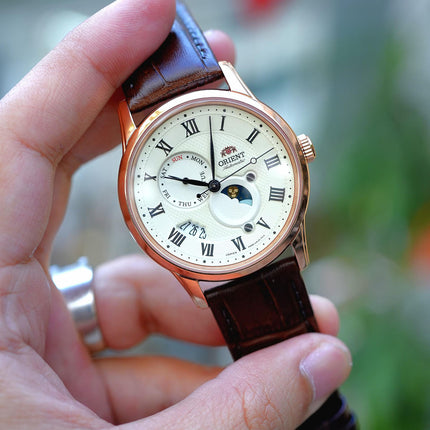 Orient Classic RA-AK0007S Sophisticated Sun & Moon Textured Ivory Dial Brown Leather Strap