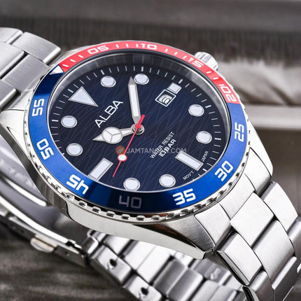 Alba Active AS9V53X1 Men Blue Dial Pepsi Bezel Stainless Steel Strap