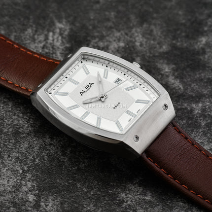 Alba Active AG8N23X1 Men Silver White Patterned Dial Brown Leather Strap