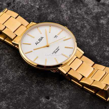 Alba Prestige AS9K08X1 Men White Pattern Dial Gold Stainless Steel Strap