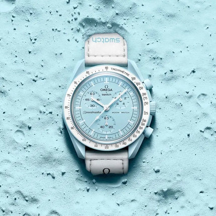 Swatch X Omega Bioceramic Moonswatch SO33L100 Mission To Uranus Speedmaster Light Blue Dial White Velcro Strap