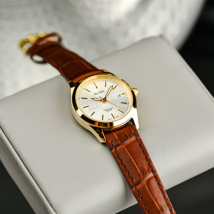 Alba Prestige AH7CG4X1 Ladies Silver White Dial Brown Leather Strap