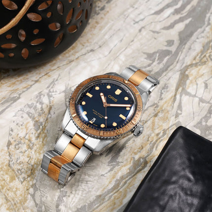 Oris Divers 01-733-7707-4355-07-8-20-17 Sixty-Five Blue Dial Dual Tone Stainless Steel Strap