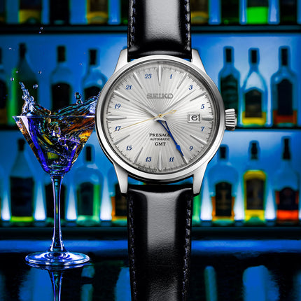 Seiko Presage SSK049J1 Cocktail Time Automatic GMT Silver Bullet Dark Blue Leather Strap