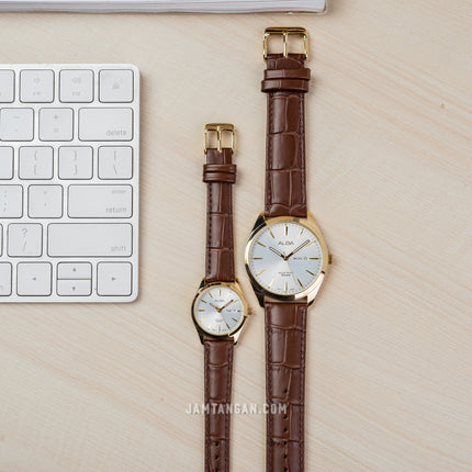 Alba AN8094X1_AJ6198X1 Couple Silver Dial Brown Leather Strap