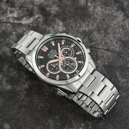 Alba AT3H67X1 Chronograph Men Black Dial Stainless Steel Strap