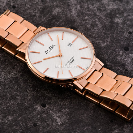 Alba Prestige AS9K06X1 Men White Dial Rose Gold Stainless Steel Strap